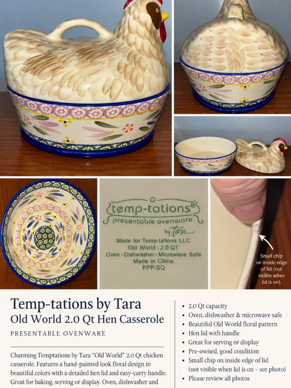 Temp-tations Old World 2 Qt Hen Chicken Casserole 3 Pc Set Lid-It Platter